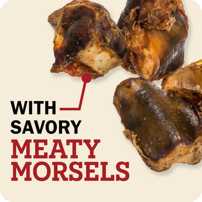 Four pieces Redbarn Knee caps with morsels arranged on a light beige background with bold text reading 'WITH SAVORY MEATY MORSELS' and a red pointer line.