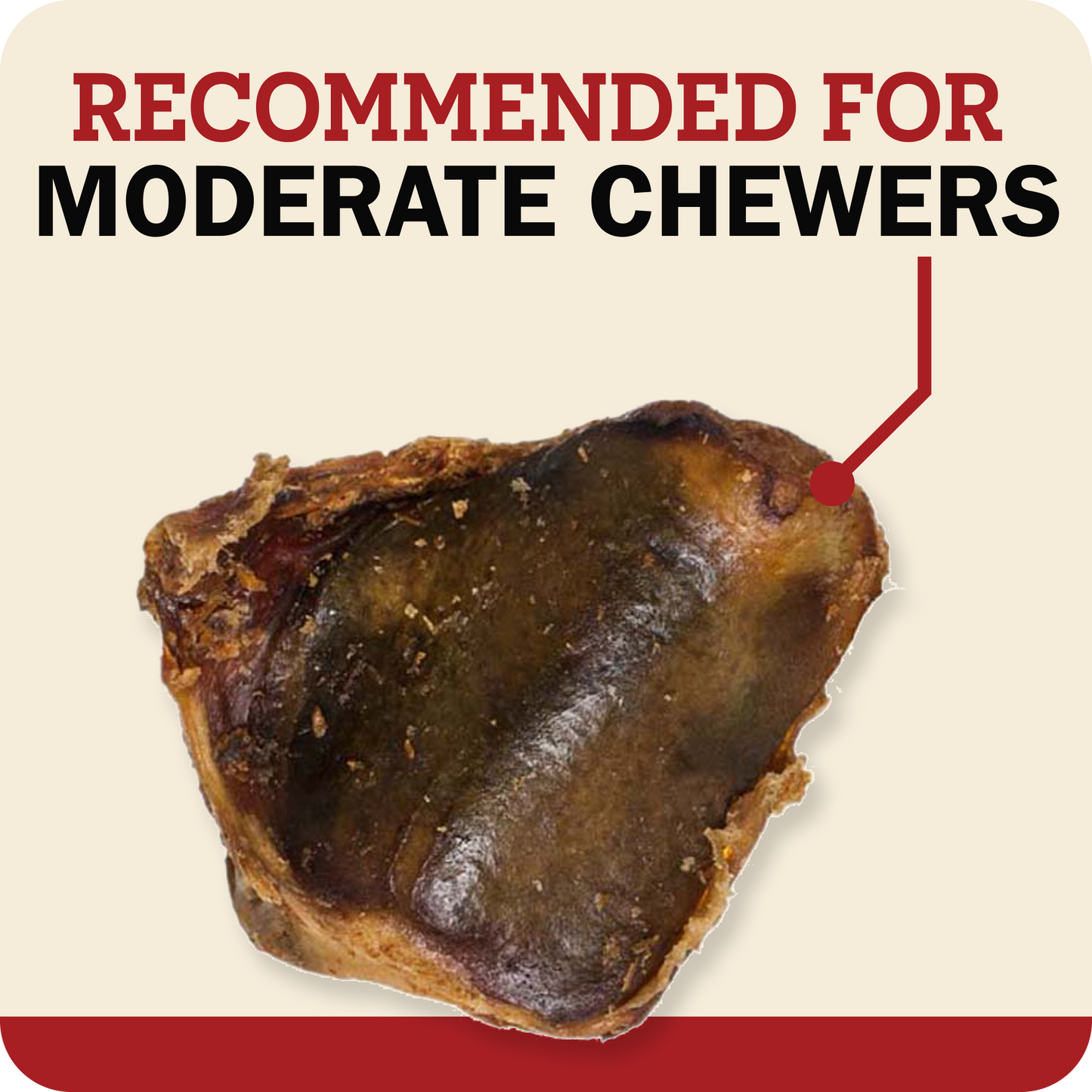 Redbarn Knee Caps with text on a beige background that says, Recommended for Moderate Chewers.