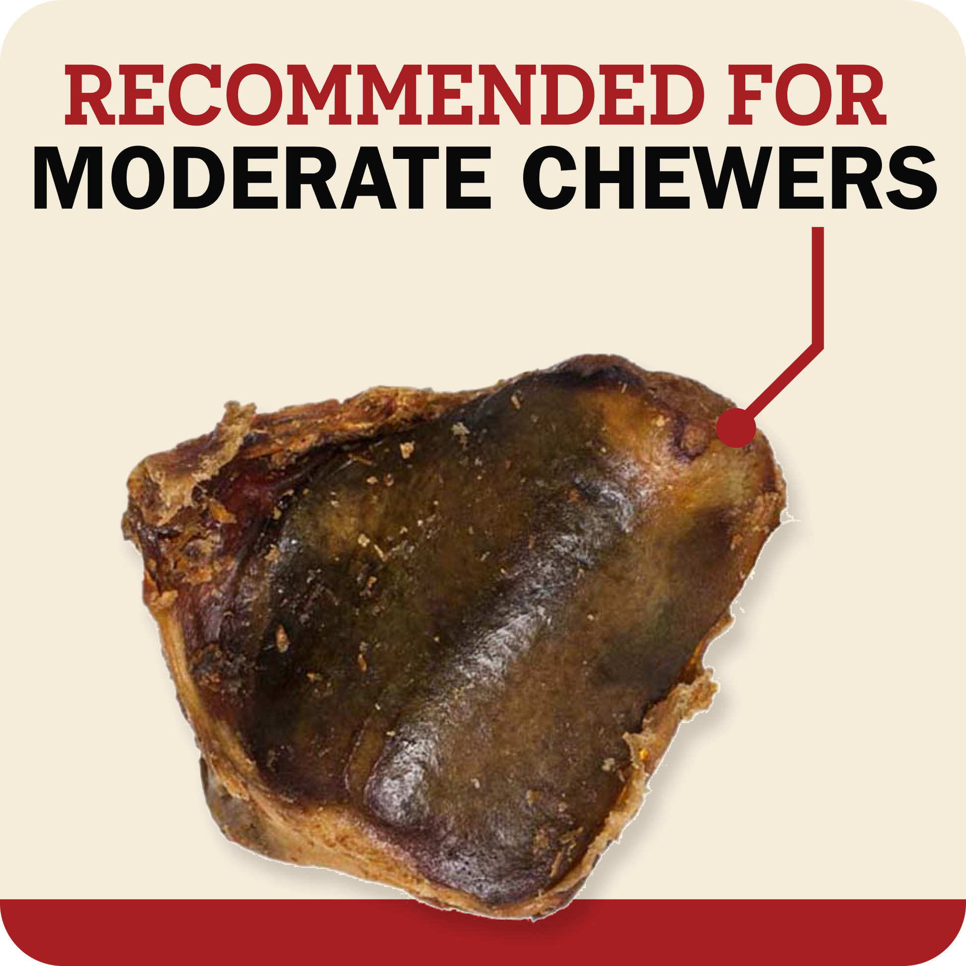 Redbarn Knee Caps with text on a beige background that says, Recommended for Moderate Chewers.