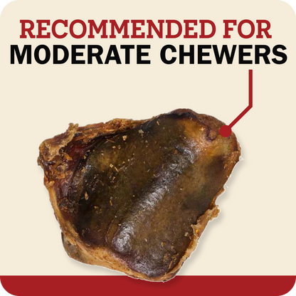 Redbarn Knee Caps with text on a beige background that says, Recommended for Moderate Chewers.