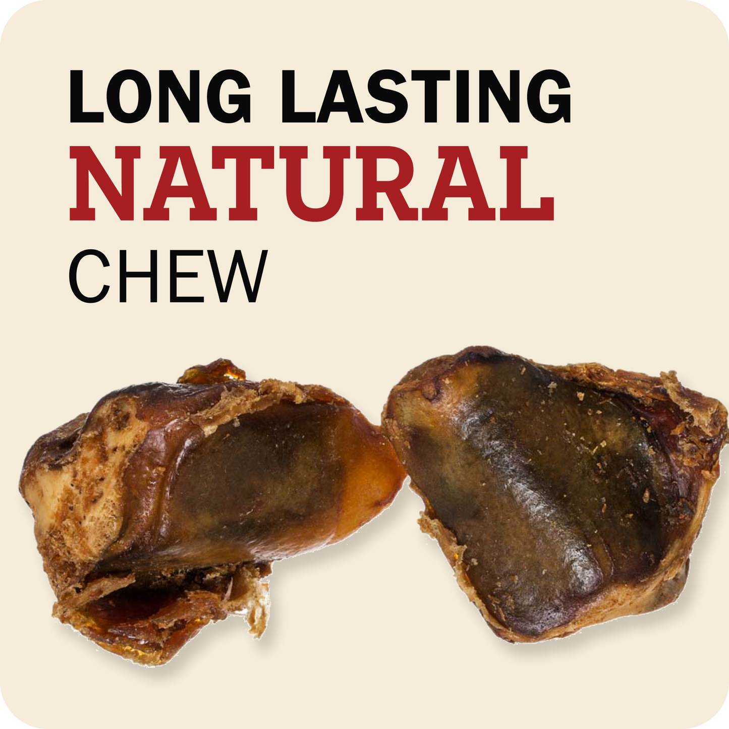 Two pieces of Redbarn Knee Caps chews shown on a light beige background with text reading 'LONG LASTING NATURAL CHEW' in black and red lettering.
