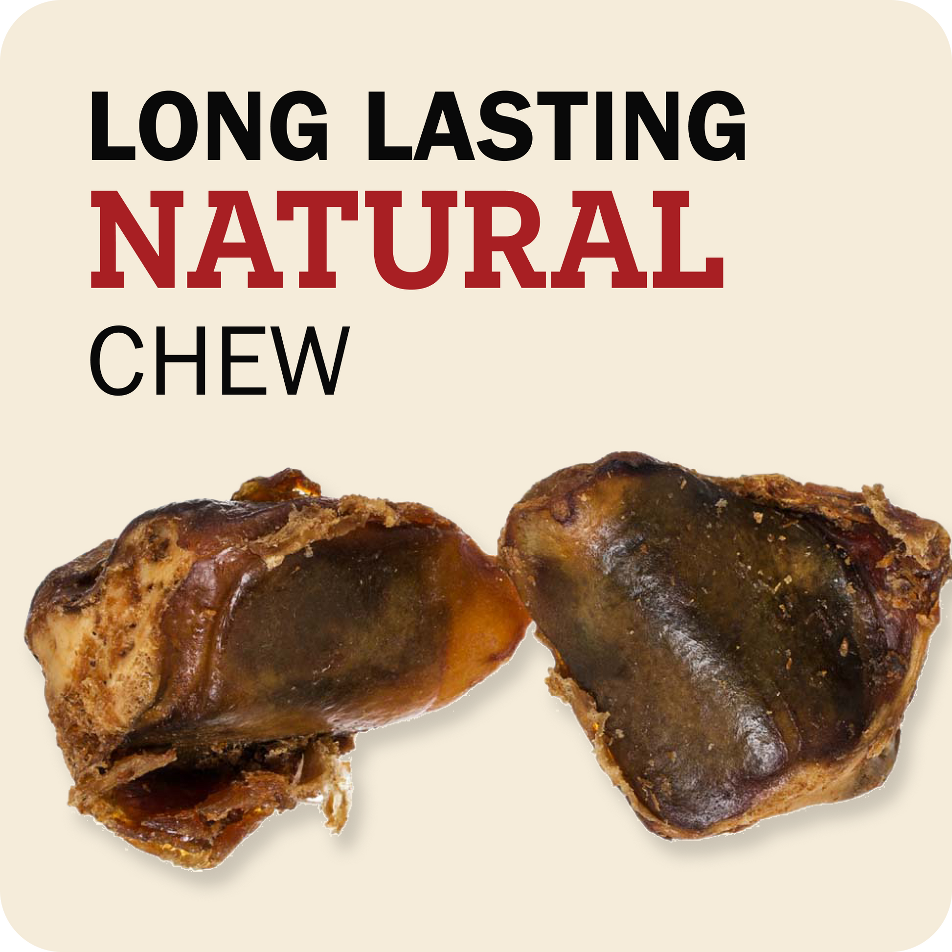 Two pieces of Redbarn Knee Caps chews shown on a light beige background with text reading 'LONG LASTING NATURAL CHEW' in black and red lettering.