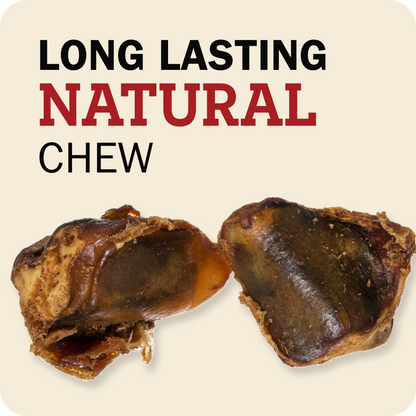 Two pieces of Redbarn Knee Caps chews shown on a light beige background with text reading 'LONG LASTING NATURAL CHEW' in black and red lettering.
