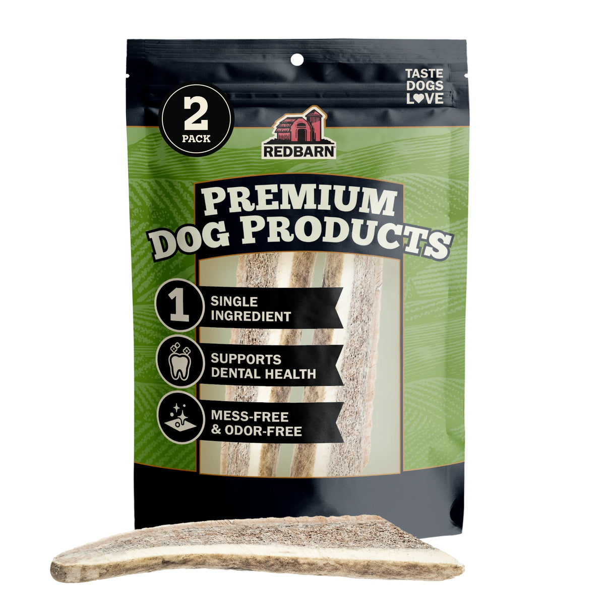 Red Barn Premium Dog Products chew treat pouch with a bone-shaped treat displayed in front on a white background.