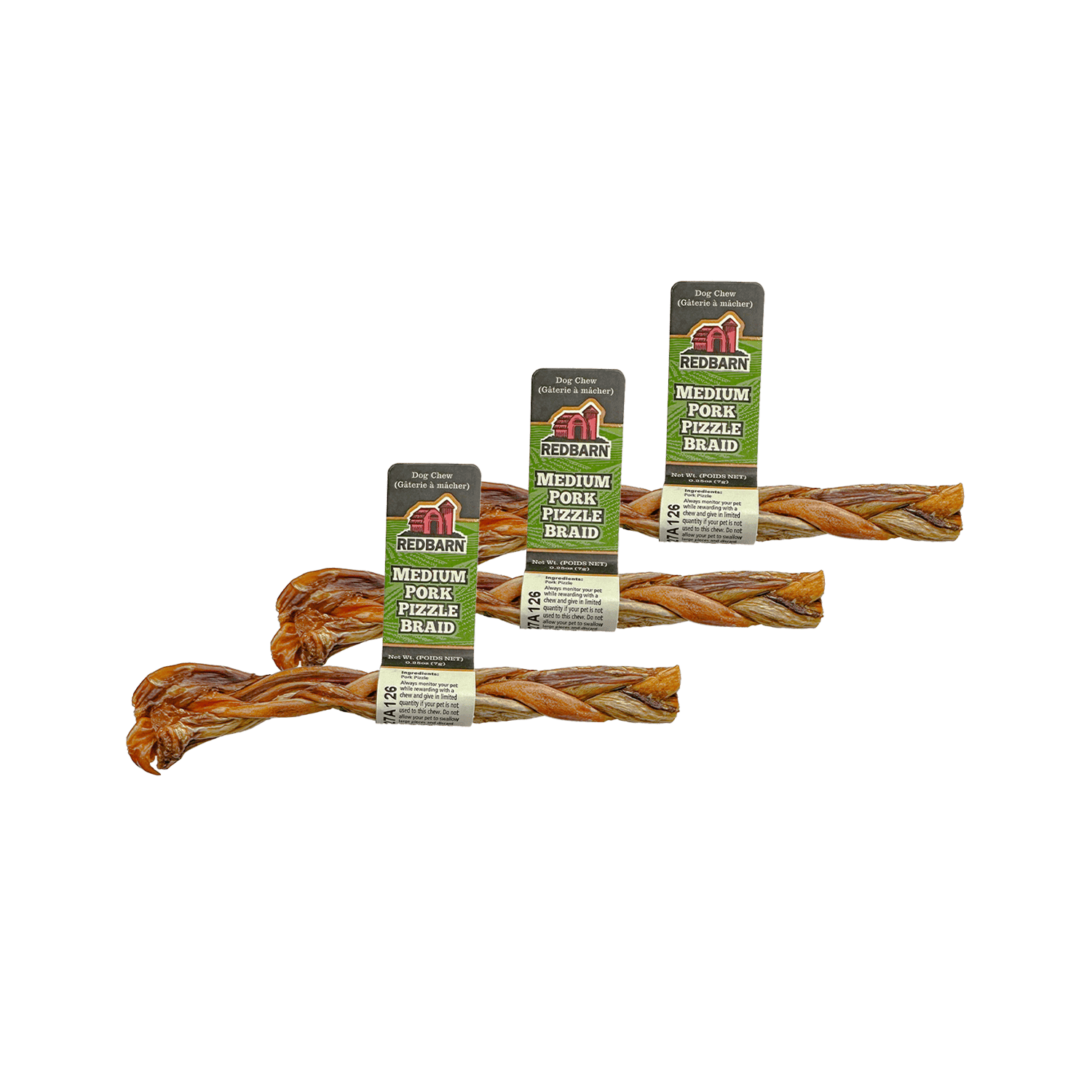 Three Pork Pizza Braid dog treats with Redbarn tags