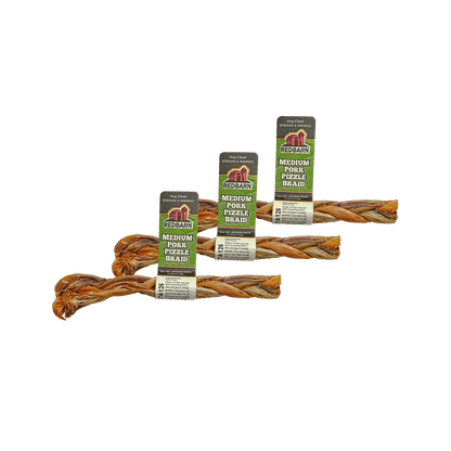 Three Pork Pizza Braid dog treats with Redbarn tags