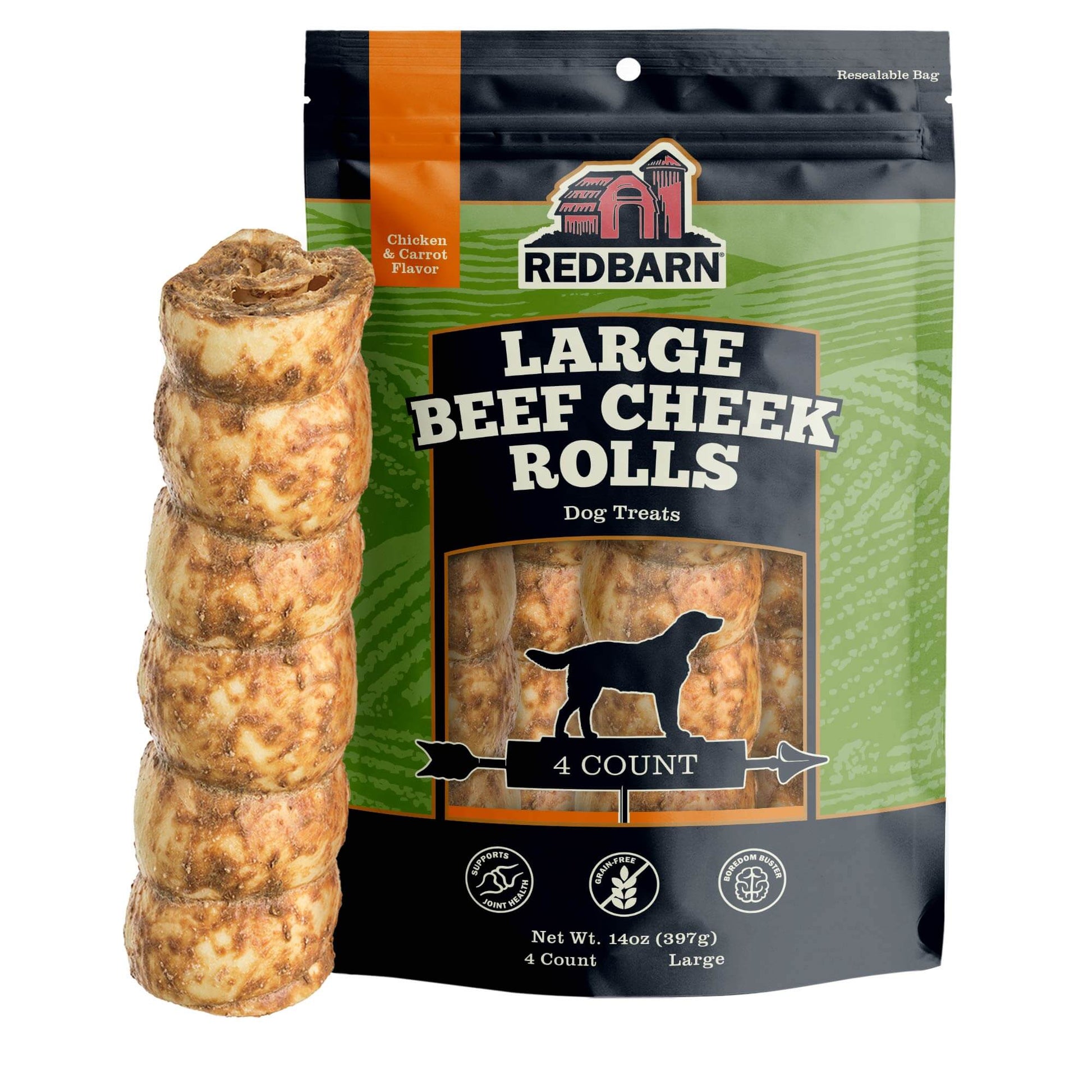 Redbarn Large Beef Cheek Rolls dog treat package with a single roll in front