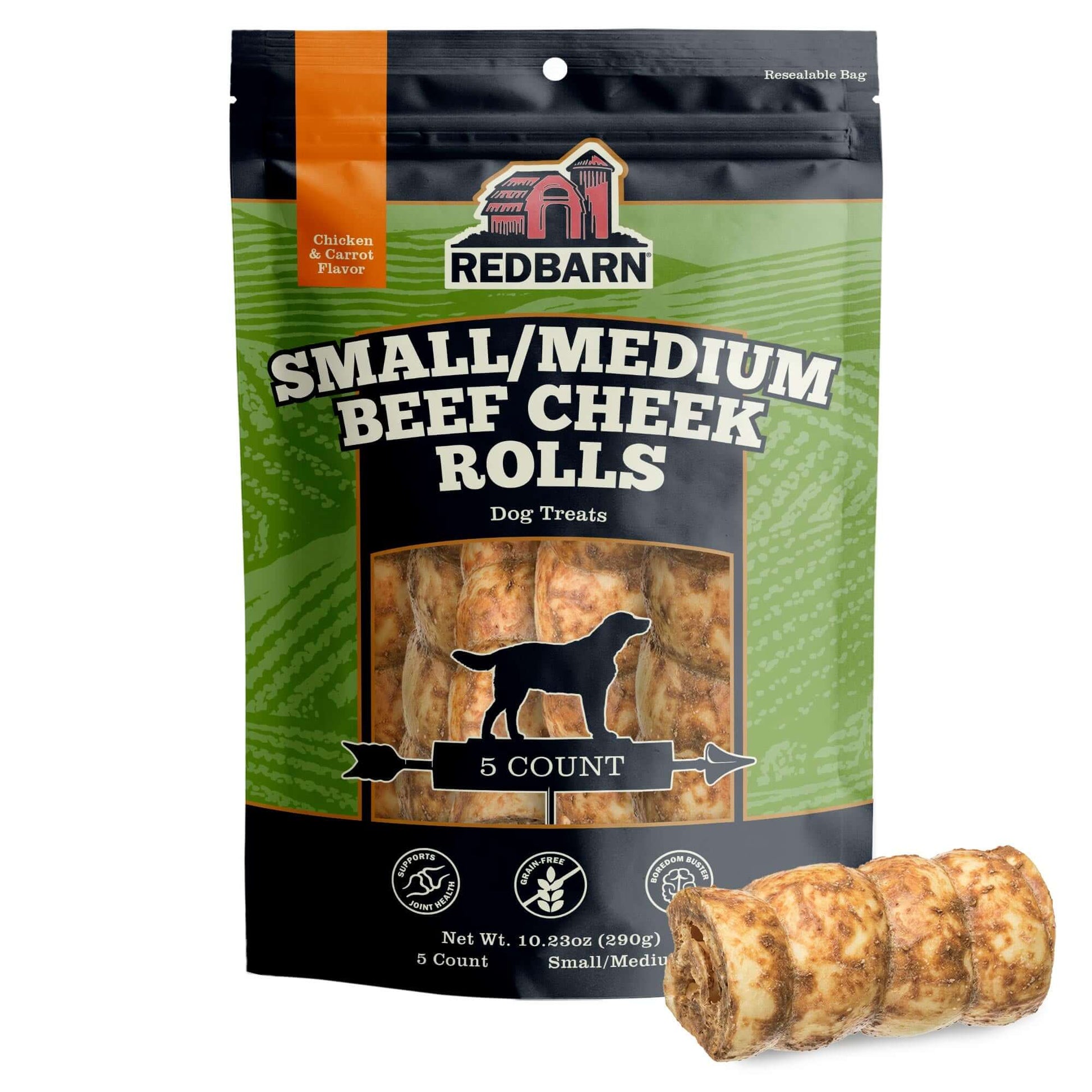 Redbarn Small/Medium Beef Cheek Rolls dog treats packaging on a white background