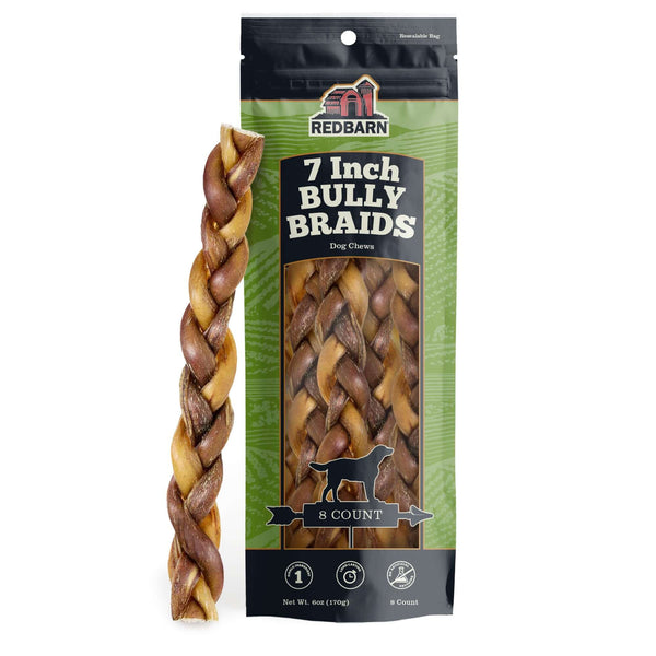 Redbarn 7 Inch Bully Braids dog chew packaging with a single chew displayed.