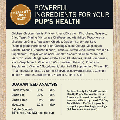 Ingredients & Guaranteed Analysis for the Redbarn Air Dried Powerfood Healthy Puppy Chicken Recipe