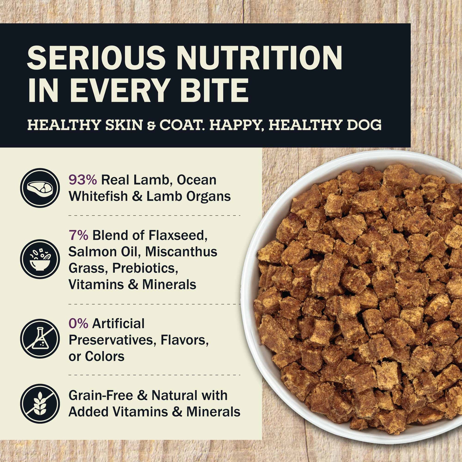 Serious Nutrition In Every Bite Healthy Skin S Coat. Happy, Healthy Dog  93% Real Lamb, Ocean Whitefish & Lamb Organs  7% Blend Of Flaxseed, Salmon Oil, Miscanthus Grass, Prebiotics, Vitamins & Minerals  0% Artificial Preservatives, Flavors, Or Colors  Gr