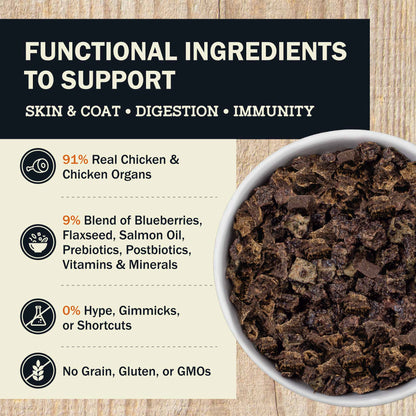 Functional Ingredients To Support Skin & Coat . Digestion . Immunity  91% Real Chicken & Chicken Organs  9% Blend Of Blueberries, Flaxseed, Salmon Oil, Prebiotics, Postbiotics, Vitamins & Minerals  0% Hype, Gimmicks, Or Shortcuts  No Grain, Gluten, Or Gmo