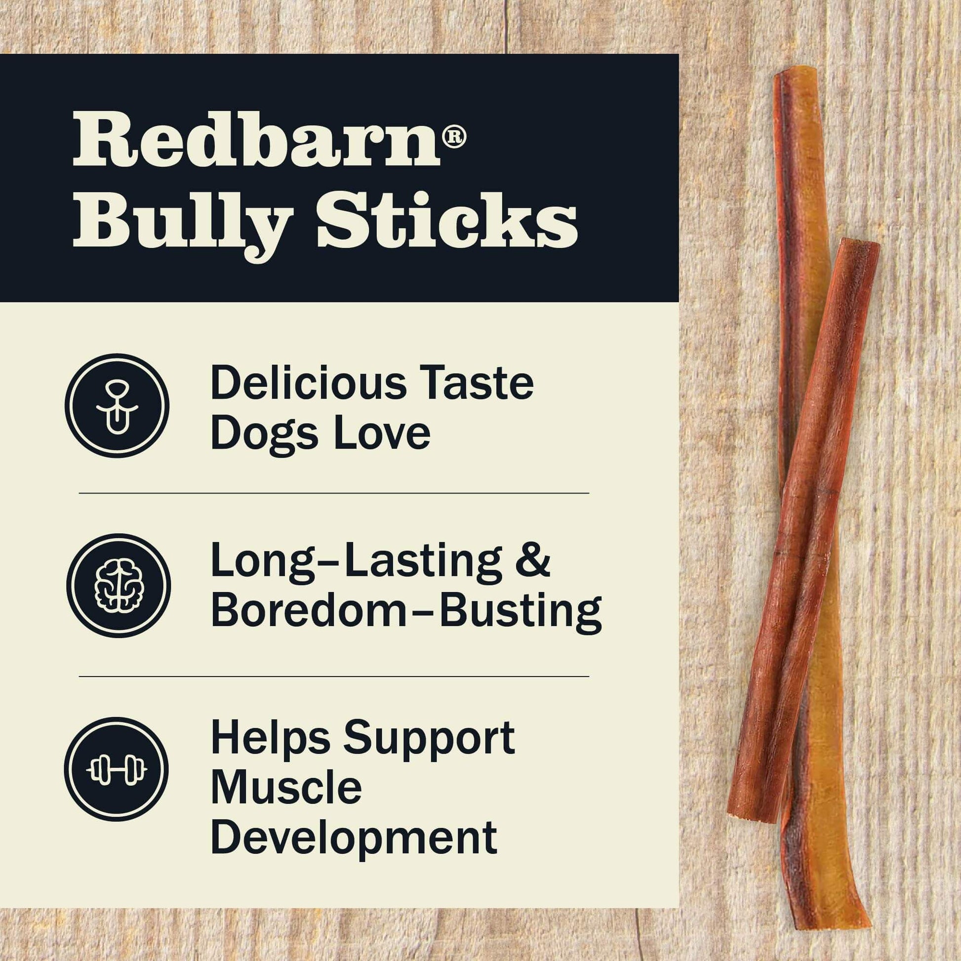 Redbarn Bully Sticks - Delicious taste dogs love, Long lasting & Boredom-Busting, Helps Support Muscle Development