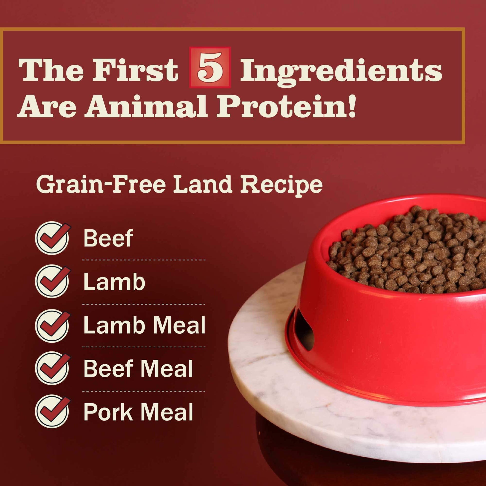 Redbarn Land recipe with the first five ingredients having Beef, Lamb, Lamb Meal, Beef Meal and Pork Meal