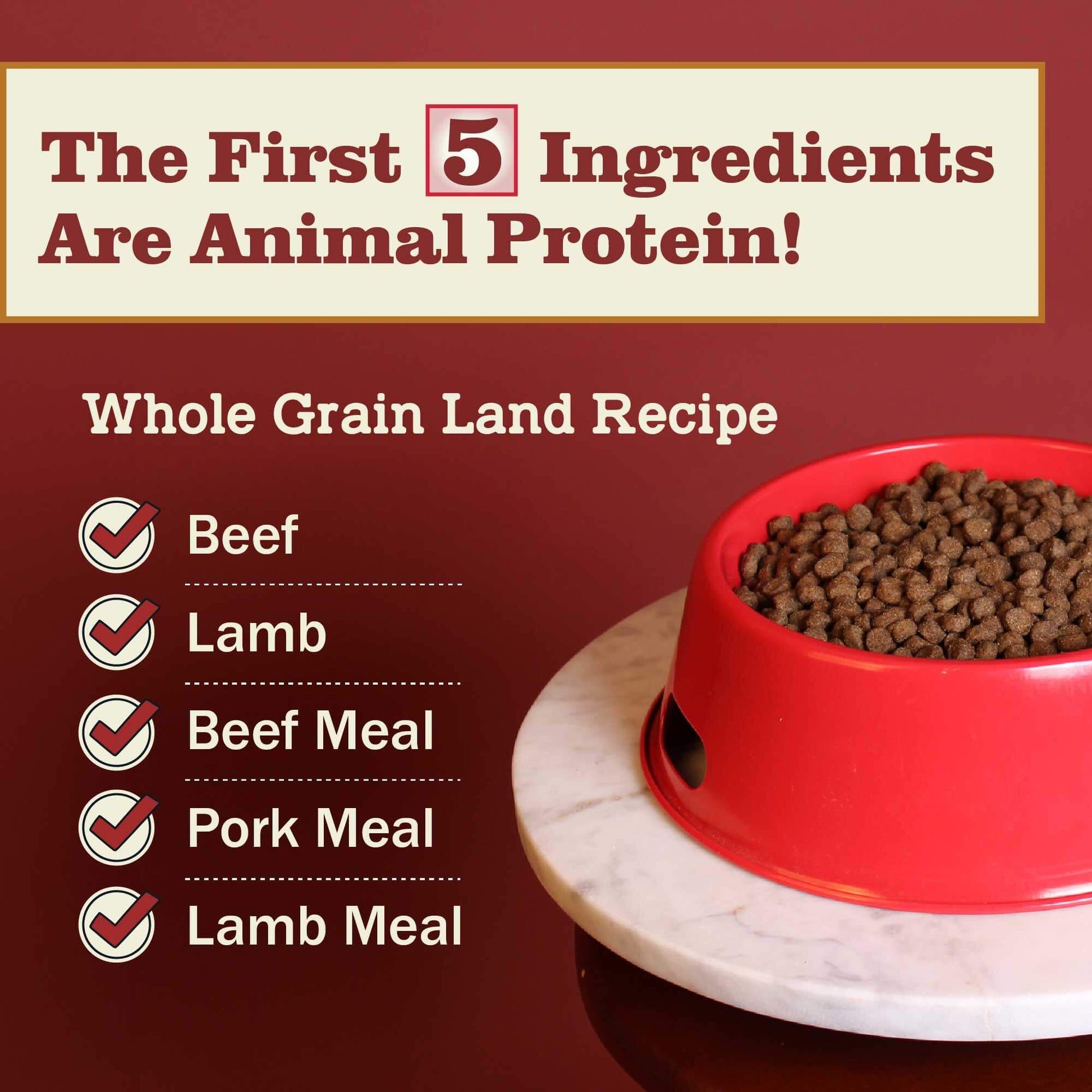 Redbarn Land recipe with the first five ingredients having Beef, Lamb, Lamb Meal, Beef Meal and Pork Meal