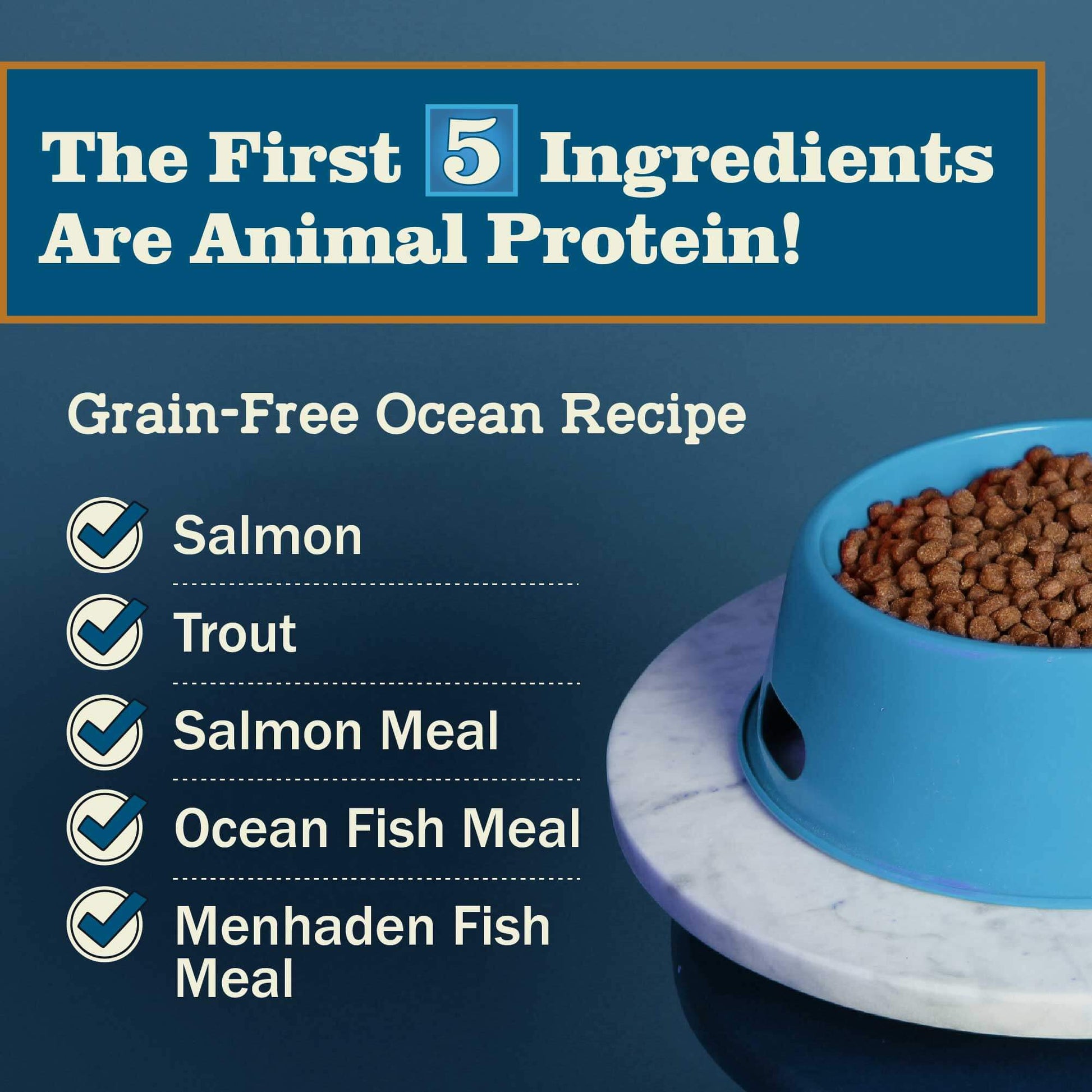 Redbarn Ocean recipe with the first five ingredients having Salmon, Trout, Salmon Meal, Ocean Fish Meal and Menhaden Fish Meal