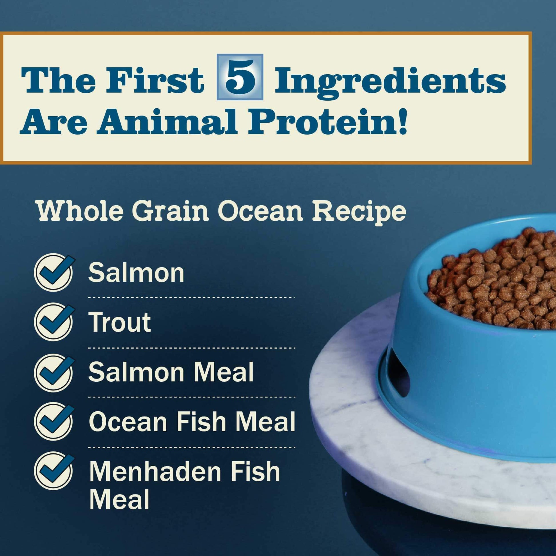 Redbarn Ocean recipe with the first five ingredients having Salmon, Trout, Salmon Meal, Ocean Fish Meal and Menhaden Fish Meal