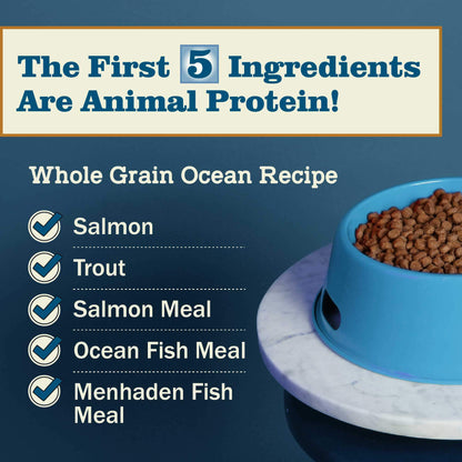 Redbarn Ocean recipe with the first five ingredients having Salmon, Trout, Salmon Meal, Ocean Fish Meal and Menhaden Fish Meal