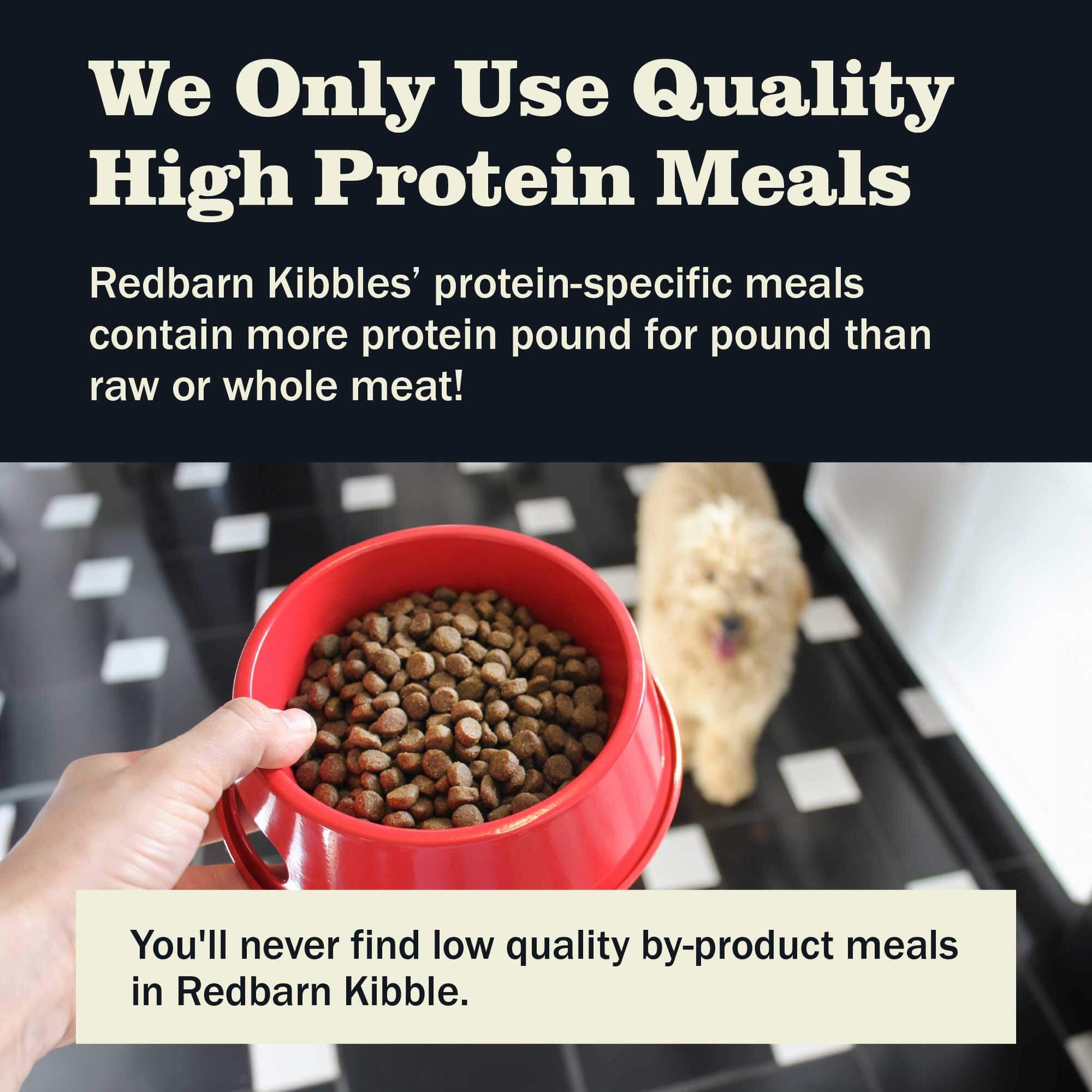 Redbarn only uses quality high protein meals. You'll never find low quality by-product meals in Redbarn kibble