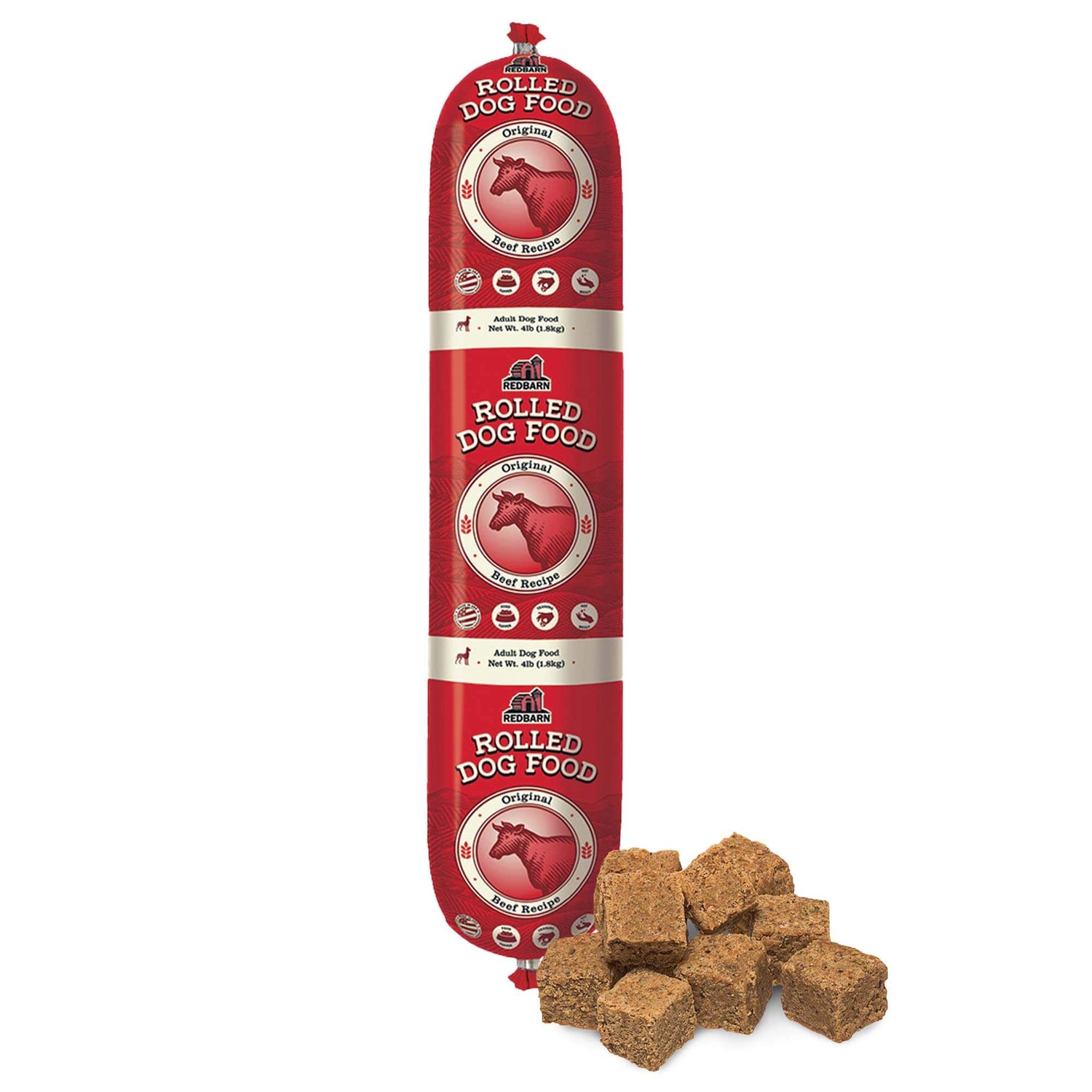 Red package of rolled dog food with a few pieces displayed on a white background