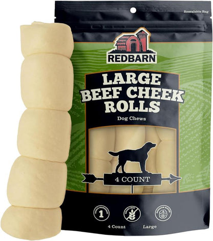 Product image of the Redbarn Large Beef Cheek Rolls dog chews in a green and black bag with Redbarn logo.