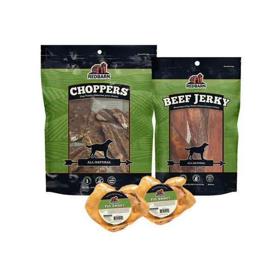 Redbarn Single-Ingredient Bundle consisting of 6 pack of Medium Beef Jerky, Choppers, and Pig Snout