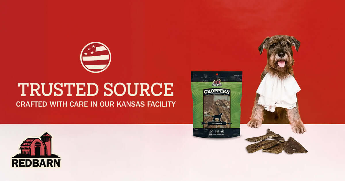 Dog with a bag of Redbarn Choppers treats on a red background with 'Trusted Source' text.