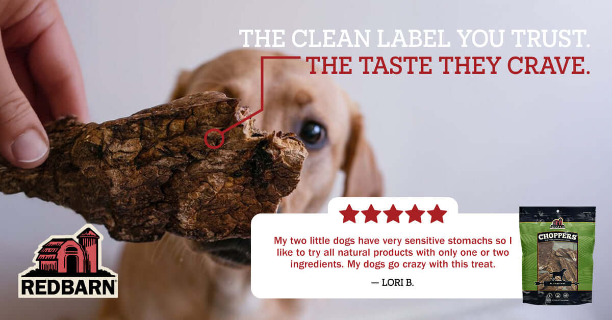 Dog treat being held by a hand with a dog in the background, Redbarn brand logo visible.