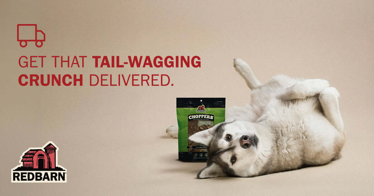 Dog lying next to a bag of Redbarn dog food with text 'Get that tail-wagging crunch delivered' on a beige background.