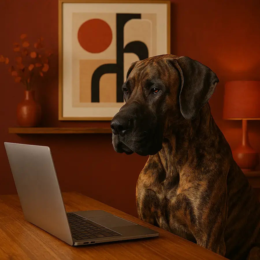 Dog sitting on a desk looking at a laptop with a warm-toned room in the background