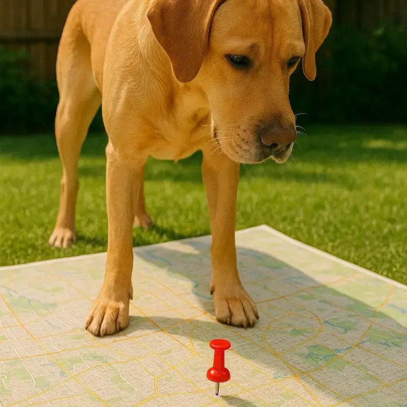 Dog standing on a map with a red pin, outdoors.