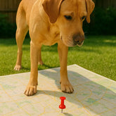 Dog standing on a map with a red pin, outdoors.