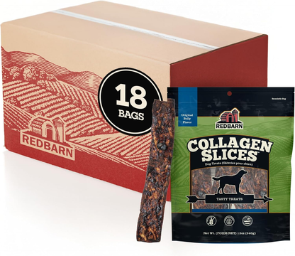 Package of Redbarn Collagen Slices next to a Redbarn box that says 18 bags