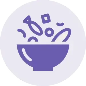 Illustration of meat, fish and veggies in a bowl