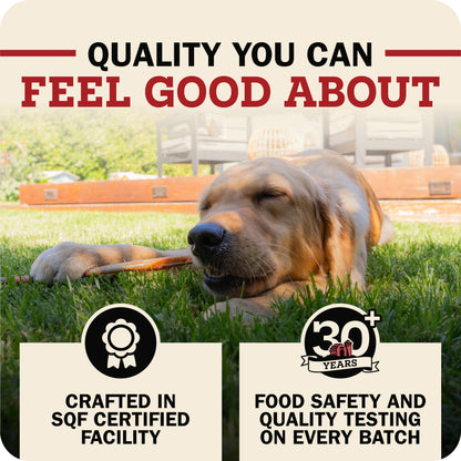 Dog chewing a Redbarn bully stick on grass with quality and testing
information