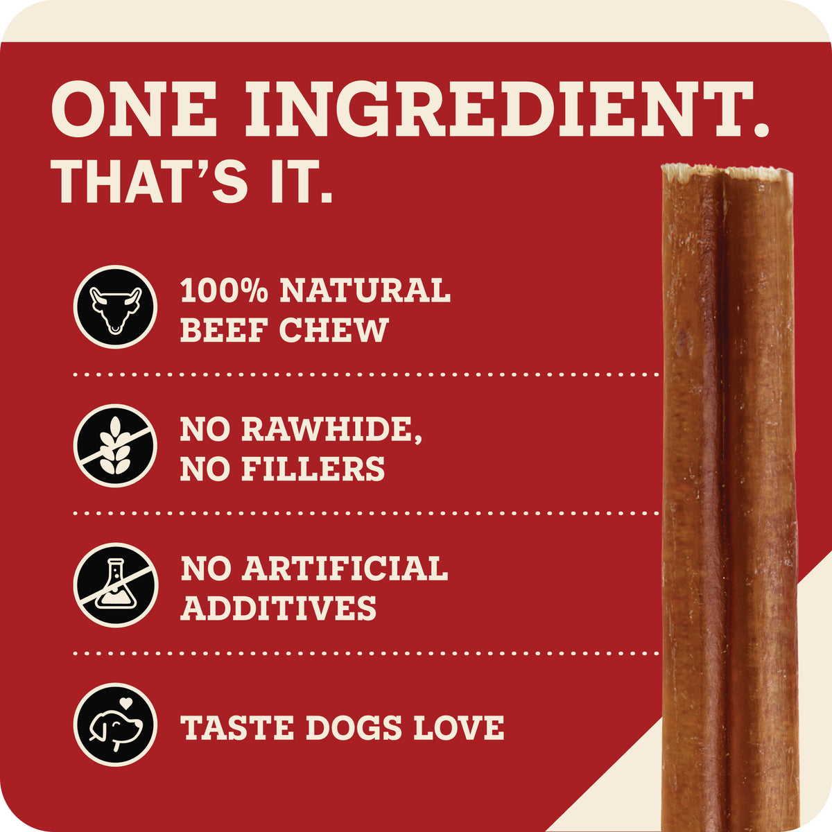 Redbarn single-ingredient beef bully stick graphic with no rawhide or
fillers.