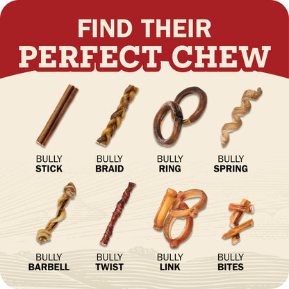 Redbarn bully chew shapes including sticks, braids, rings, springs, barbells, twists, links, and bites.