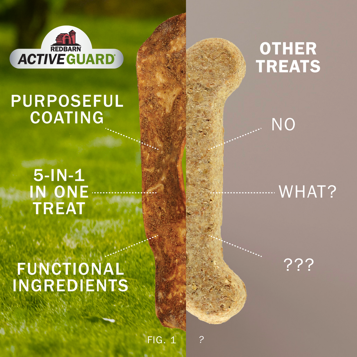 A promotional graphic comparing a coated dog treat and an uncoated dog treat. The left half shows a green grass background with the RedBarn ActiveGuard logo and text reading 'Purposeful Coating,' '5-in-One in One Treat,' and 'Functional Ingredients,' with a brown coated bone-shaped treat in the center.