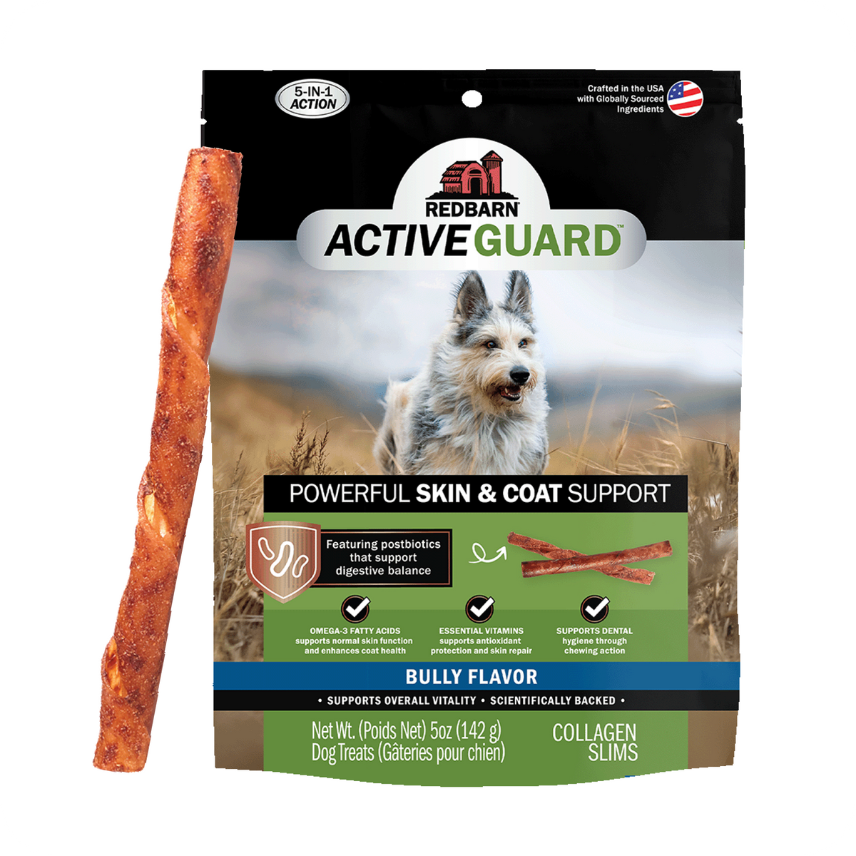Red Barn Active Guard dog chew treats in a 5-count bag, shown with one individual brown chew treat standing vertically on the left against a clean white background.