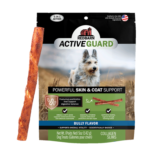 Red Barn Active Guard dog chew treats in a 5-count bag, shown with one individual brown chew treat standing vertically on the left against a clean white background.